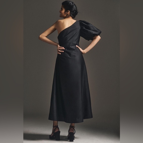 NWT SMALL Anthropologie Aureta one shoulder midi little black dress puff sleeve - Picture 3 of 9